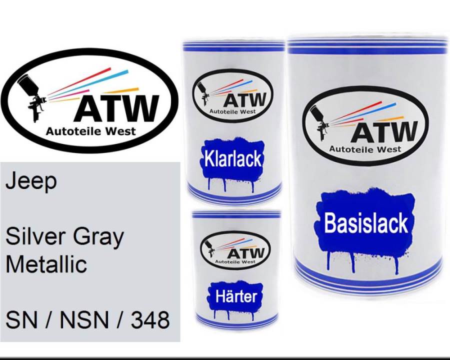 Jeep, Silver Gray Metallic, SN / NSN / 348: 500ml Lackdose + 500ml Klarlack + 250ml Härter - Set, von ATW Autoteile West.